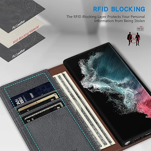 Miniatura 3 de ZZXX Funda para teléfono celular Samsung Galaxy S22 Ultra 5G, cartera gris con bloqueo RFID, 3 ranuras para tarjetas, funda protectora magnética de