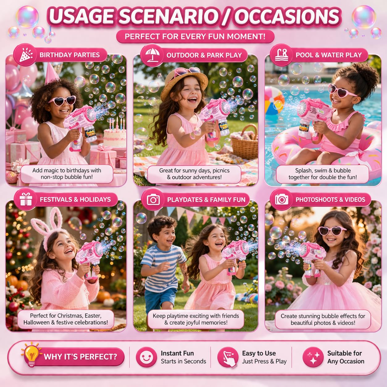 Electric Bubble Gun for Kids - Pink LED Light Toy -8