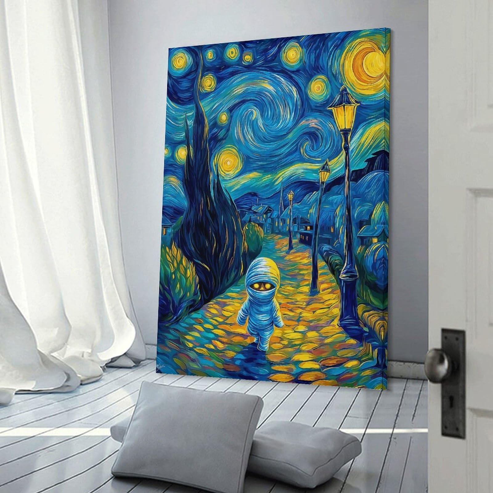 Junmoney Frame-Style-11 Decorative Wall Artwork Mummy In Starry Night, 24X36inch(60X90cm), For Contemporary Homes, Apartments Or Offices, An Easy Choice For New Home Styling