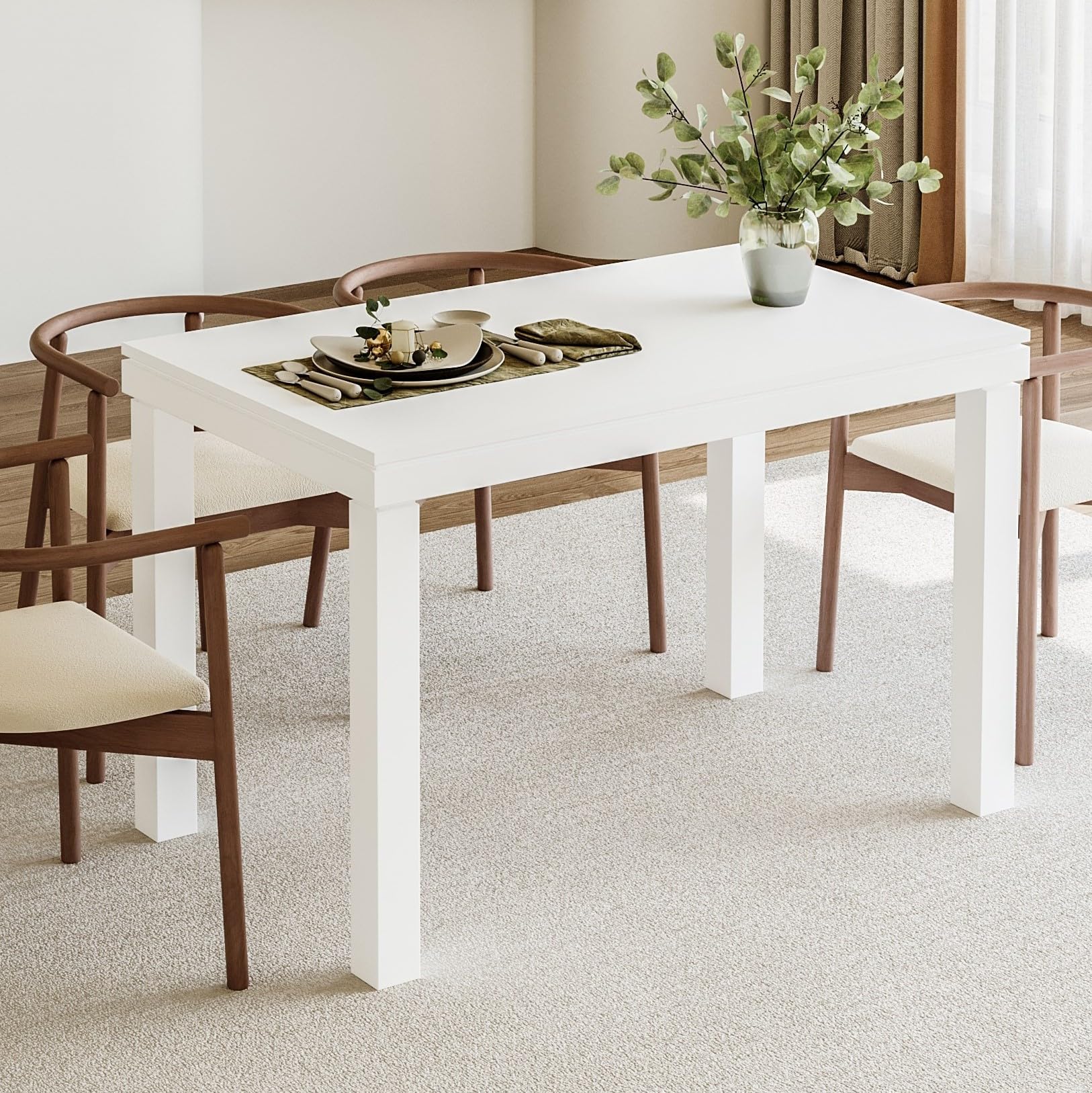 LZLUOB High Gloss Dining Table, White Gloss 1.57'' Thick Kitchen Table, Dining Room Table with Reinforced 2.76'' Thick Square Wooden Legs, Dining