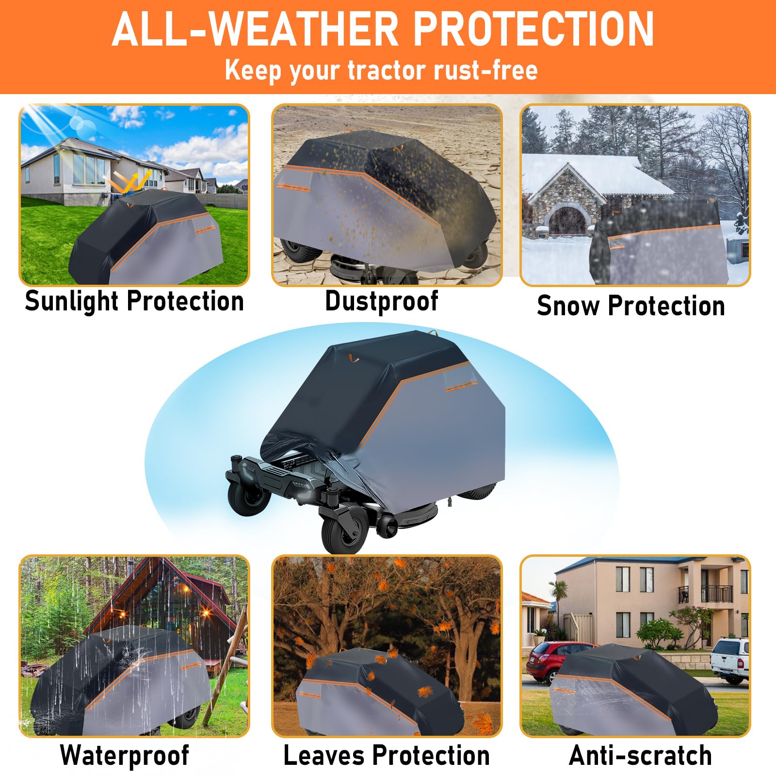 Bâche de Tracteur à Gazon 600D, imperméable Anti-poussière résistante aux UV Coupe-Vent, Anti-Pluie Housse de Protection pour Tondeuse à Gazon d'extérieur(L201 x W140 x H117 cm)