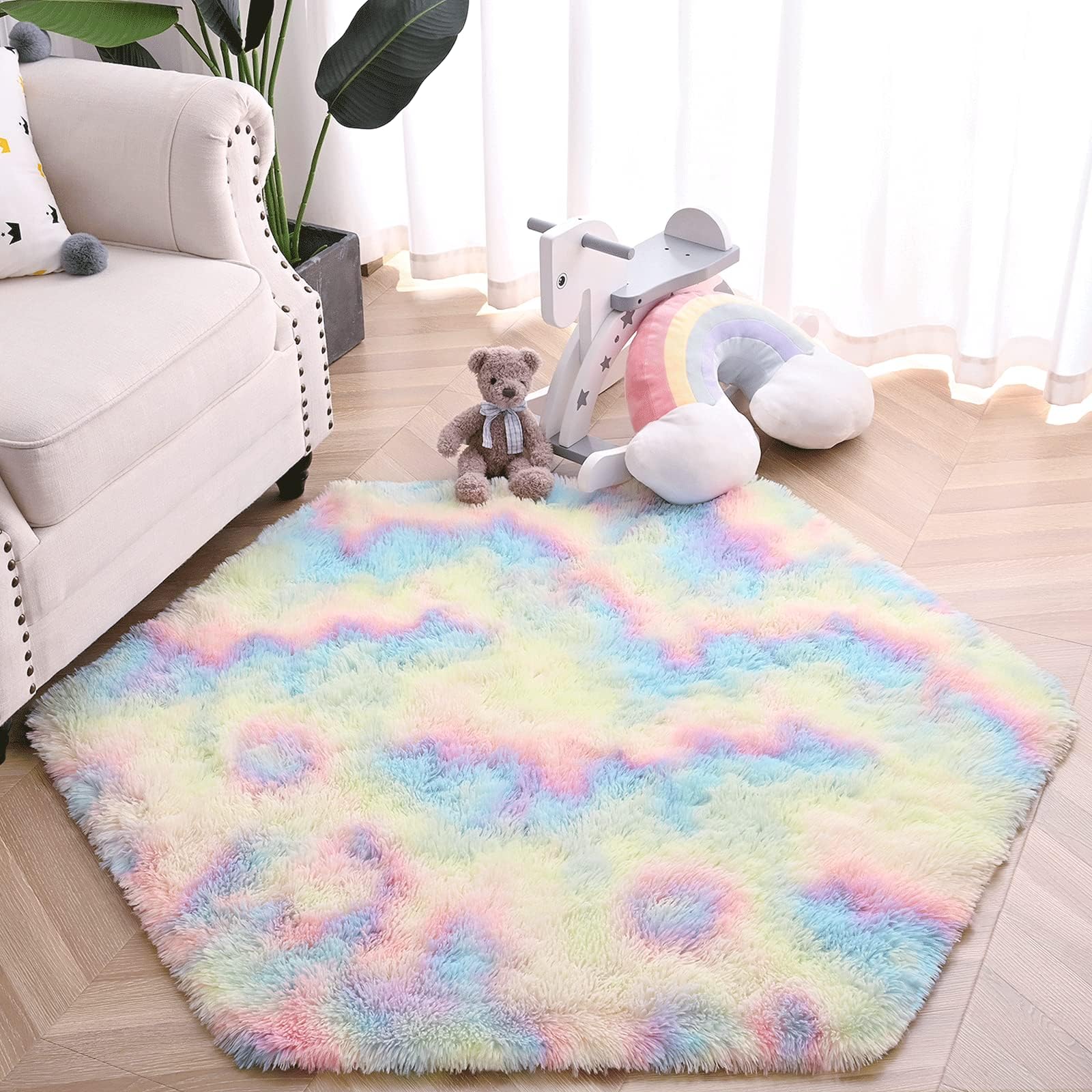 Soft Hexagon Rugs for Girls Room Princess Tent Castle, Cute Fluffy Rainbow Rug for Kids Baby Girls Bedroom Decor, Plush Play Mat Shaggy Carpet for Playhouse Dorm Nursery Playroom, 4.6 ft