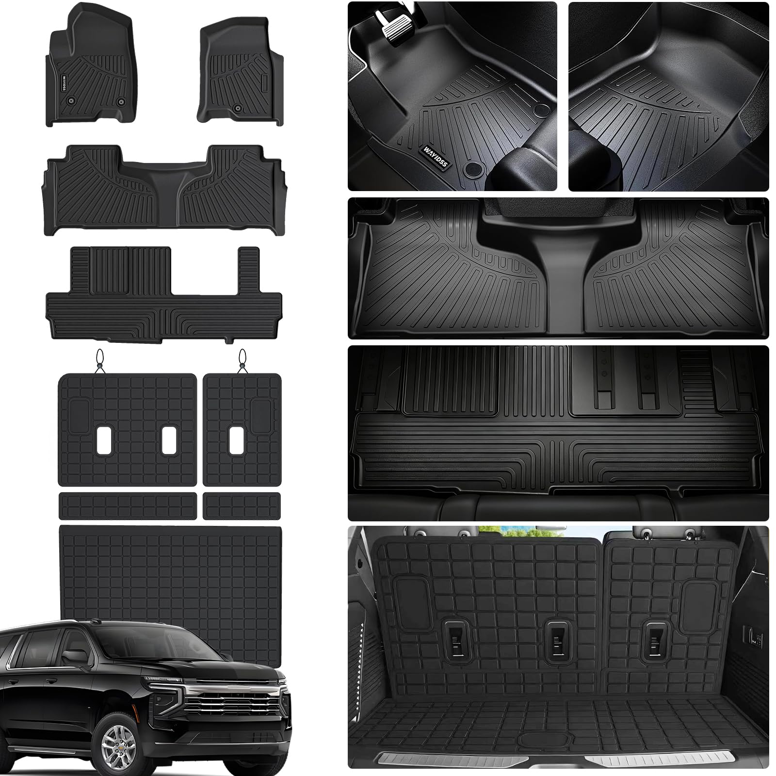 floor mats & cargo mat mat & backrest mat for 2021-2026 chevy chevrolet suburban 8 seats accessories-2 row bench seat/gmc yukon xl/cadillac escalade esv (non short) car floor liners