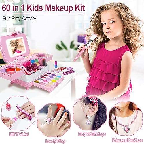 Miniatura 5 de AstarX  Kit de maquillaje para niñas 60 en 1, con espejo de maquillaje LED, lavable, kit de maquillaje para niñas de 3 a 12 años, regalo perfecto de