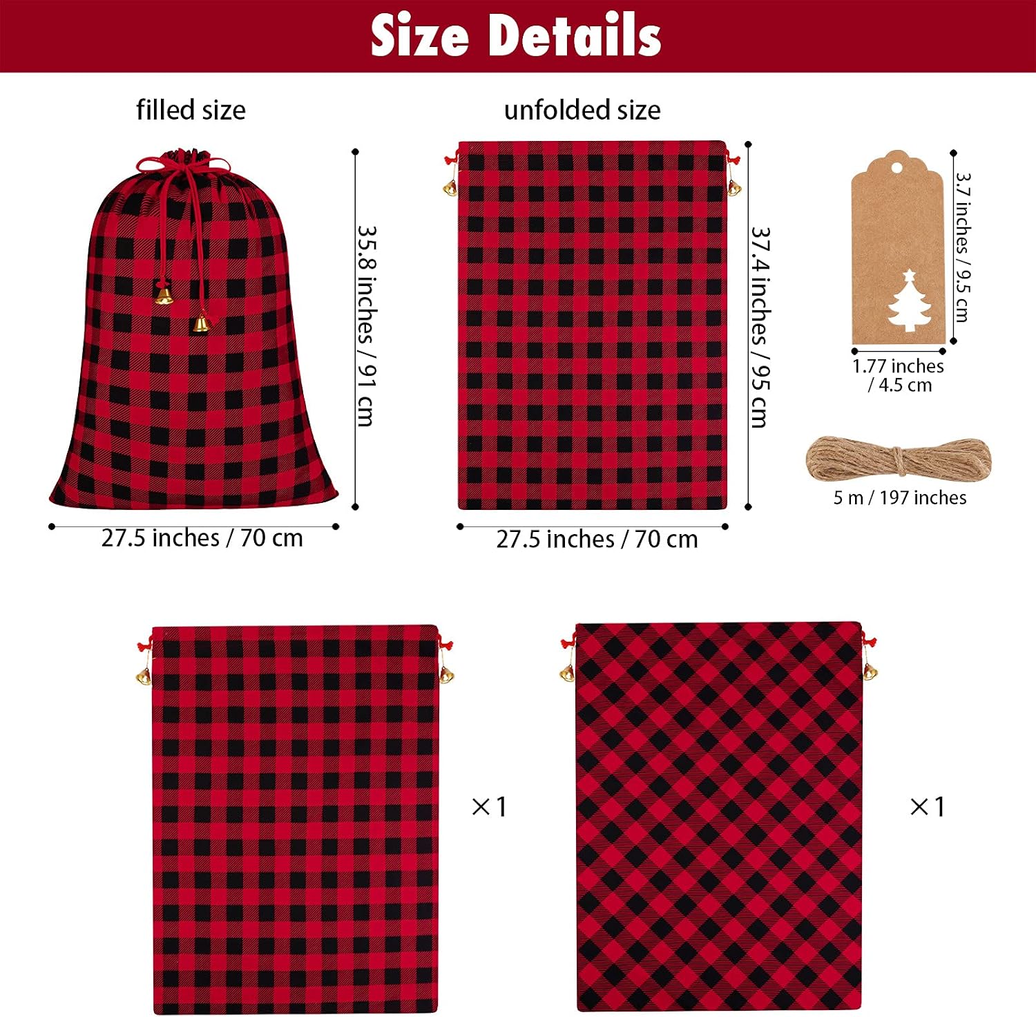 Aneco 2 Packs 37 x 27 Inches Buffalo Plaid Drawstring Bag Jumbo Size Holiday Santa Present Bag Large Cotton Storage Bags with 24 Pieces Kraft Tags and Bell for Storing Christmas Gifts