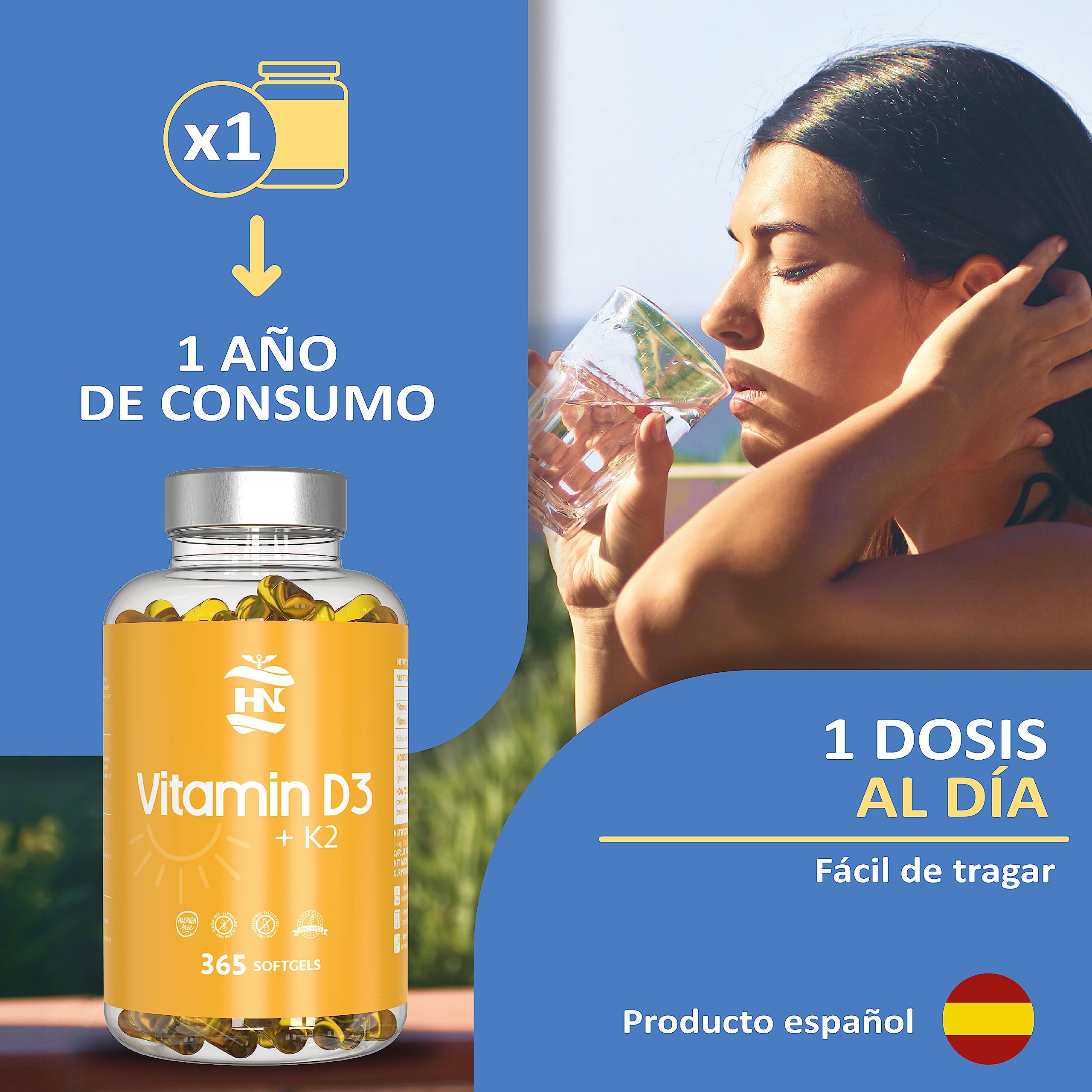Vitamina D - 365 Cápsulas de vitamina D3 K2 – Vitamina D (5000 UI) altamente concentrada. Favorece la función inmunológica y ósea - 365 cápsulas (1 Bote 365 Cápsulas) (Paquete de 2)