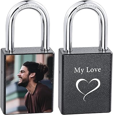 INBLUE Personalized Love Lock Custom Picture/Engraving Photo for Couples Men Women Boyfriend Girlfriend Lover Aluminum Memorial Anniversary Valentine Bridge Padlock with Key(Black/Color)