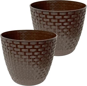 2 Rattan Flower Pots 1.6 liter Wicker Patterned Flower Pot with Secret Plate 15x13 cm Brown