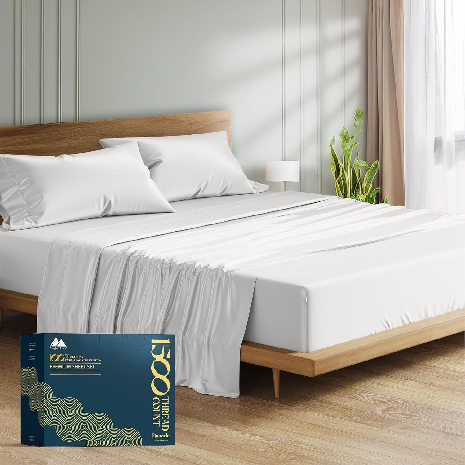 Mayfair Linen 100% Egyptian Cotton Sheets Queen Size Bed Set - Luxury 1500 High Thread Count Egyptian Cotton Queen Sheet Set (4 PC, Light Grey), 17" Deep Pocket, Silky Soft, Cooling, Sateen Bedding