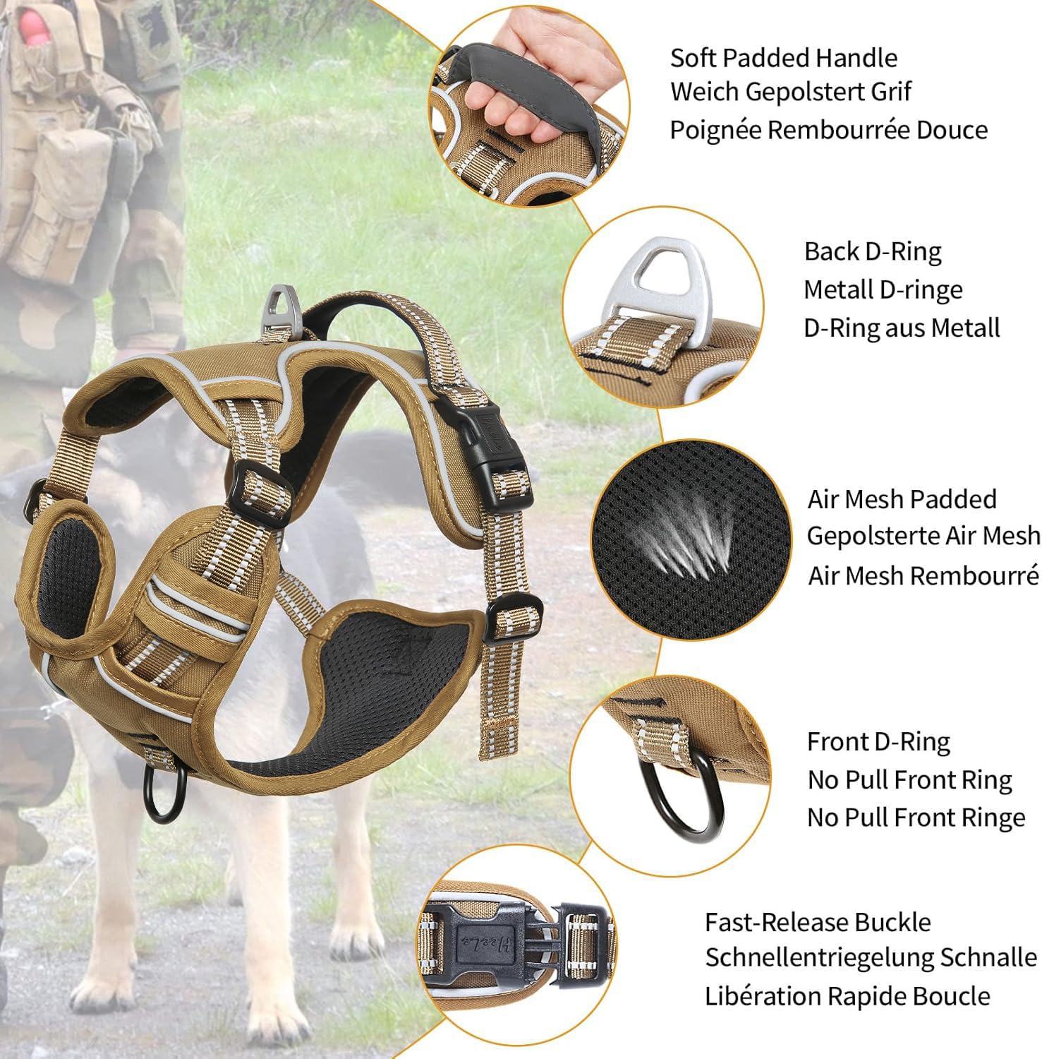 HEELE Pettorina Cane, No-Pull Imbracatura Traspirante e Riflettente, con Gancio in Metallo e Manico Imbottita, Pettorina Cane Taglia Grande Comodo per Camminare Jogging, Bronzo, L