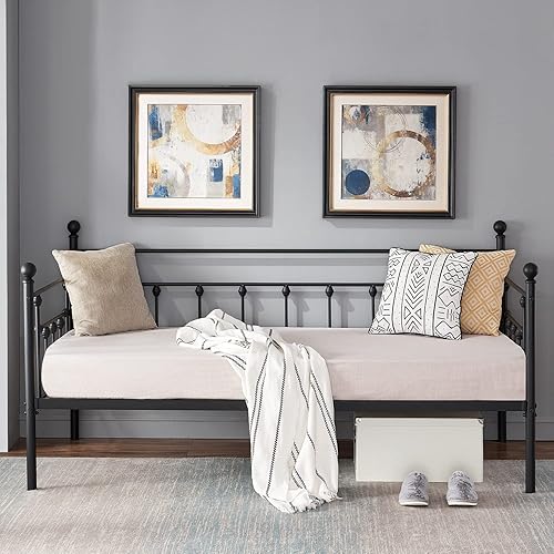 VECELO Twin Size Daybed Frame Metal Steel Slat Support/Strong Legs Headboard/Mattress Foundation