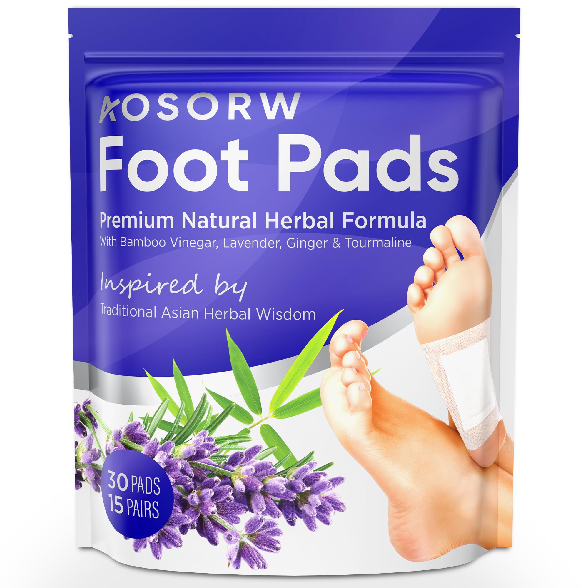 AOSORW Natural Foot Pads - Lavender Bamboo Vinegar - Premium Foot Care - Soothing Nighttime Ritual - Comforting Aromatherapy Experience - 30 Pads (Pack of 1)