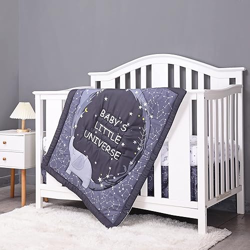 Miniatura 2 de Juego de ropa de cama de cuna para niños y niñas, suave y lindo juego de ropa de cama de 3 piezas para niños pequeños, elefante espacial, negro y