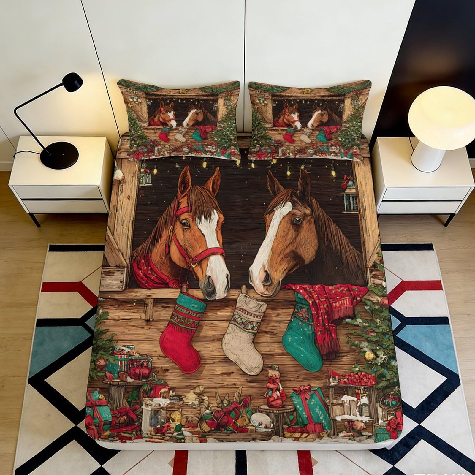 3D Printed Christmas Horse Fitted Sheet Microfiber Festive Barn Bed Sheet for Bedroom Guest Room Decor 90x200x25cm