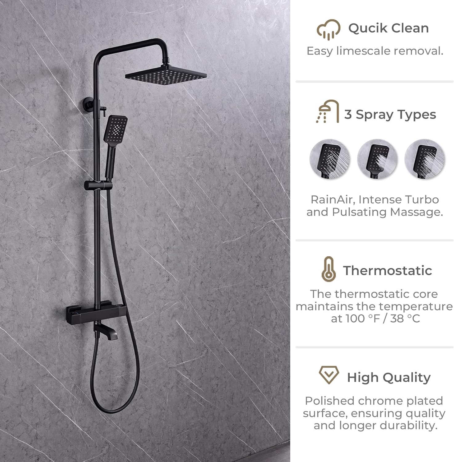 Outdoor Shower Faucet Set 8" Square Shower Head 3 Function Thermostatic Rainfall Shower Fixtures, Handheld Sprayer Tub Spout with Constant Temperature with Height Adjustable Slide Bar