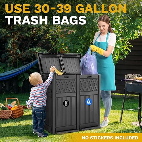 Miniatura 3 de DWVO Cubo de basura para exteriores de doble contenedor de 66 galones, de resina impermeable, con tapa escalonada y bandeja de goteo para patio