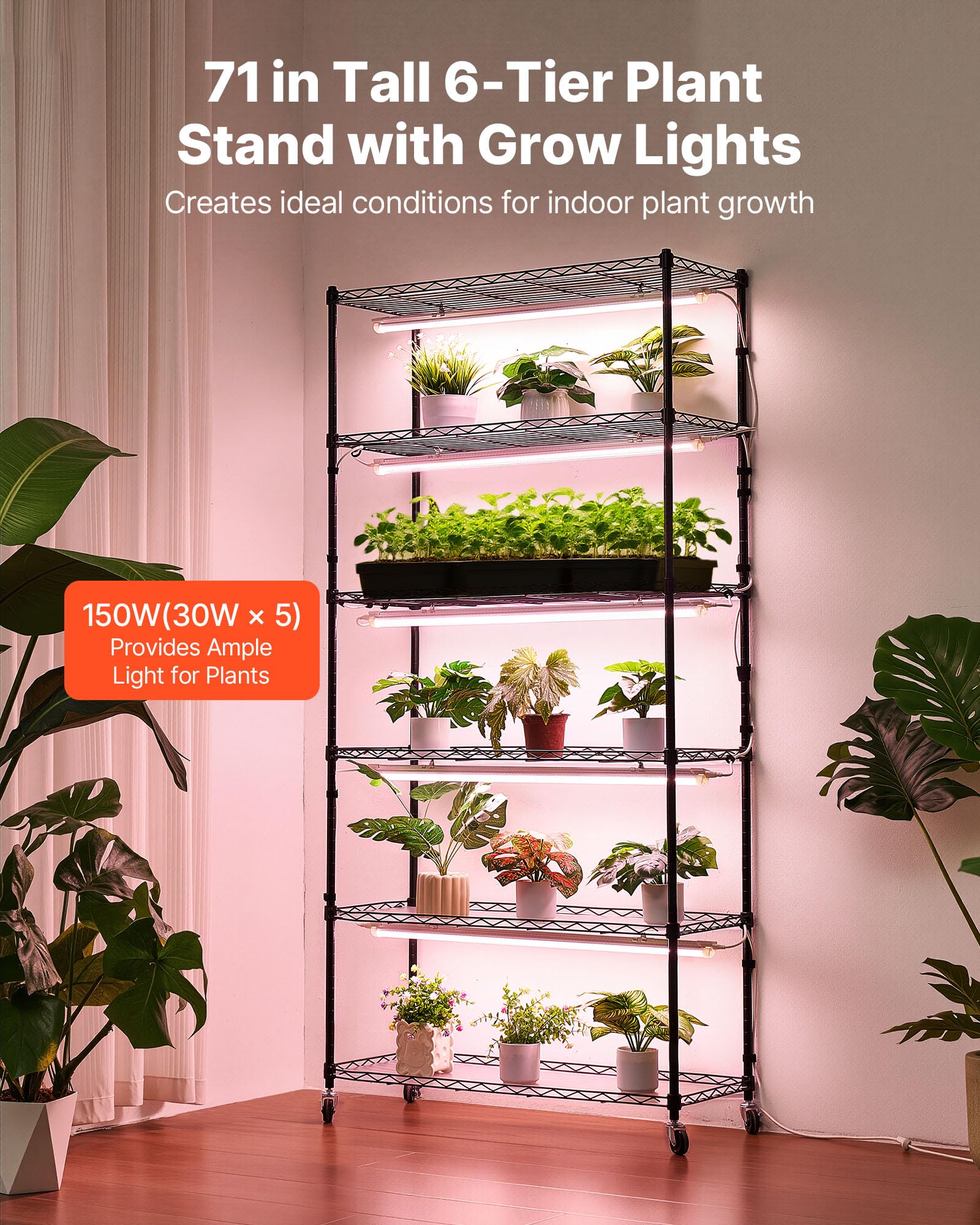 VEVOR Soporte para Plantas con Luz de Cultivo 6 Niveles Alto 180 cm 150 W, Estante para Plantas con Ruedas Giratorias, Temporizador Mecánico, para Crecimiento de Planta, Macetas, 900 x 350 x 1800 mm