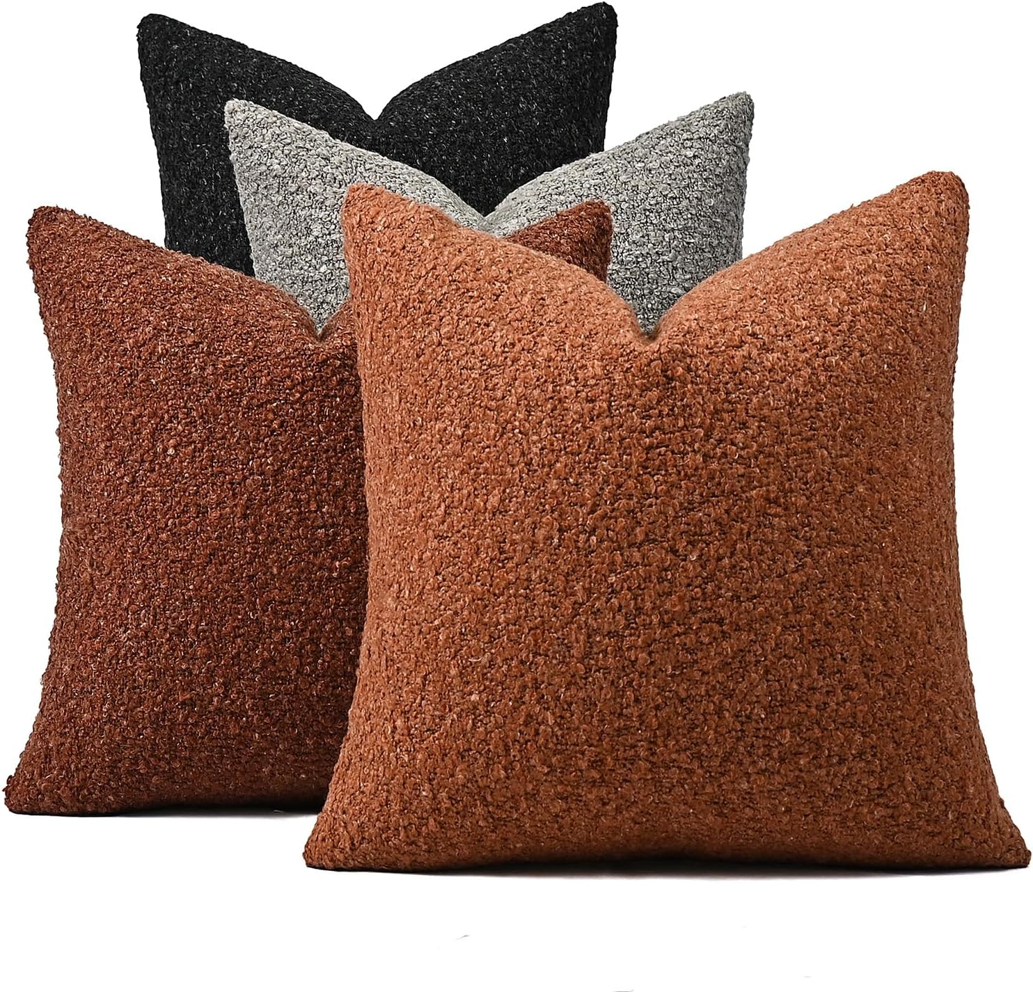 Neutral Set of 4 16x16 Inch Wool Blend Boucle Throw Pillow Covers, Soft Textured Couch Pillow Covers, Solid Cushion Cases for Sofa Bed Living Room Decor (Rust, Burnt Orange, Light Taupe, Black)