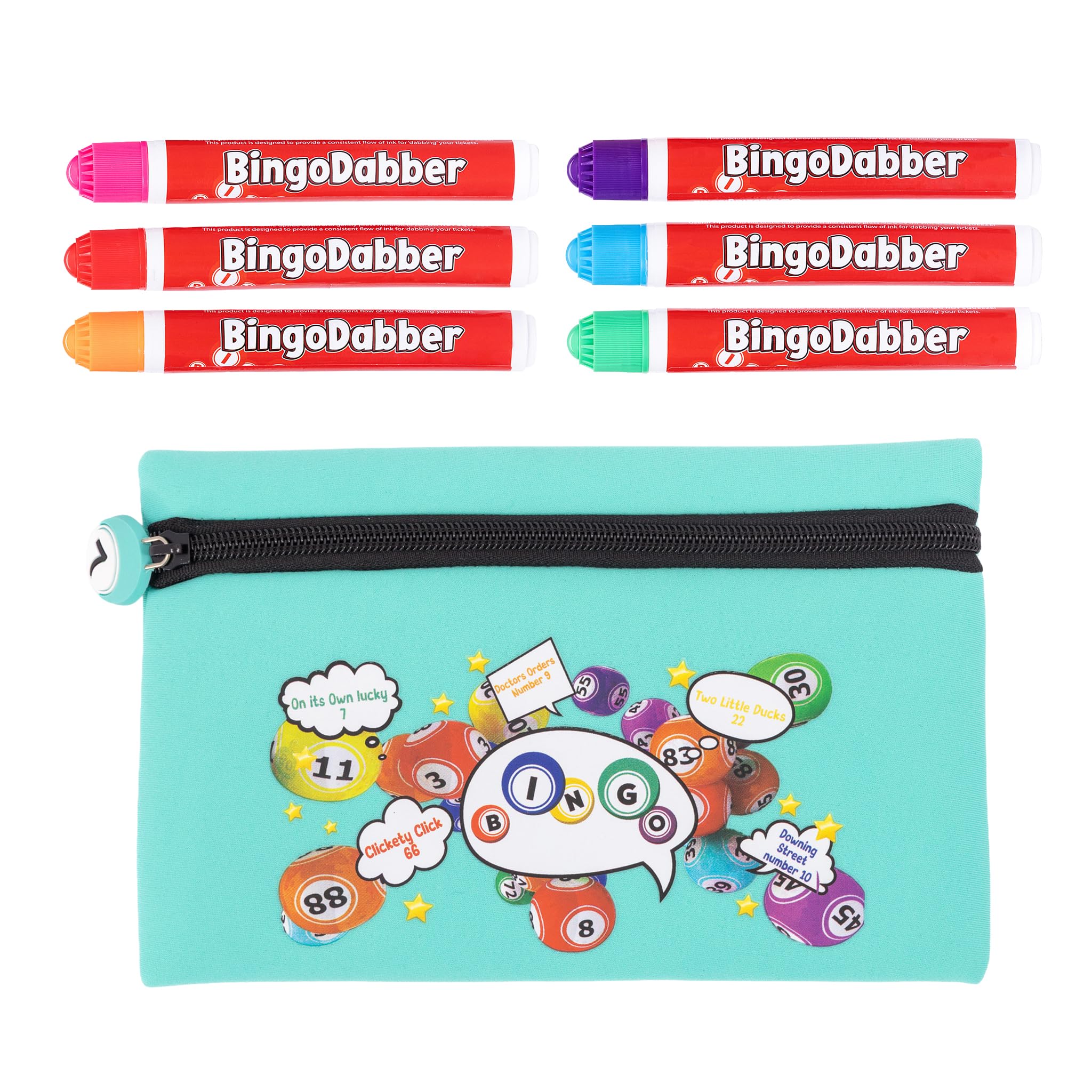 Bingo Dabber Case Holder Gift Set | Storage Bag + 6 Bingo Dabbers & Bingo Board | Non-Drip Marker Pens | Bingo Accessories for Home, Clubs & Events