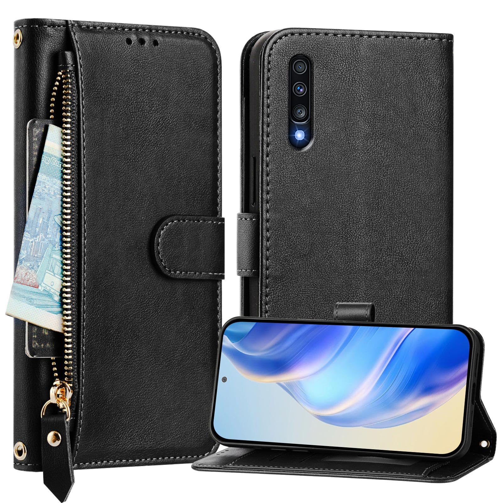 Wallet Case Compatible with Samsung Galaxy A70S Cover, PU Leather Flip Stand Magnetic Closure Phone Case with 7 Card Slots & Hand Strap, Shockproof Protection Cover for Samsung Galaxy A70S (Black)