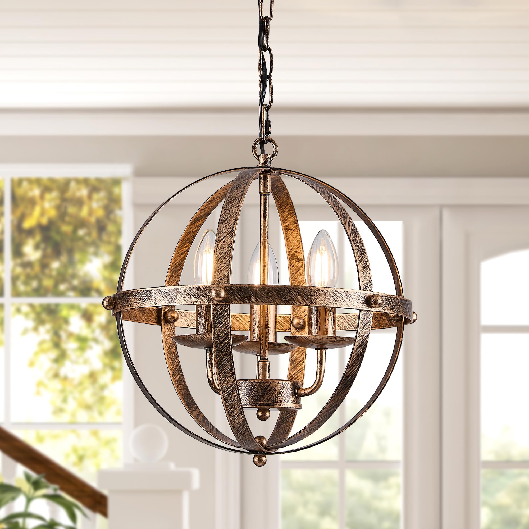 Ganeed Pendelleuchte Industrial Globe Farmhouse Beleuchtung Vintage Kronleuchter Kugelförmige hängende Deckenleuchte für Küche Insel Esstisch E14 Bronze 3 Licht