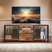 Yatiney 55" TV Stand with Power Outlet & 4 Charging Ports, Entertainment Center for 65" TVs, 2 Fabric Drawers, Cable Management, Rustic Brown