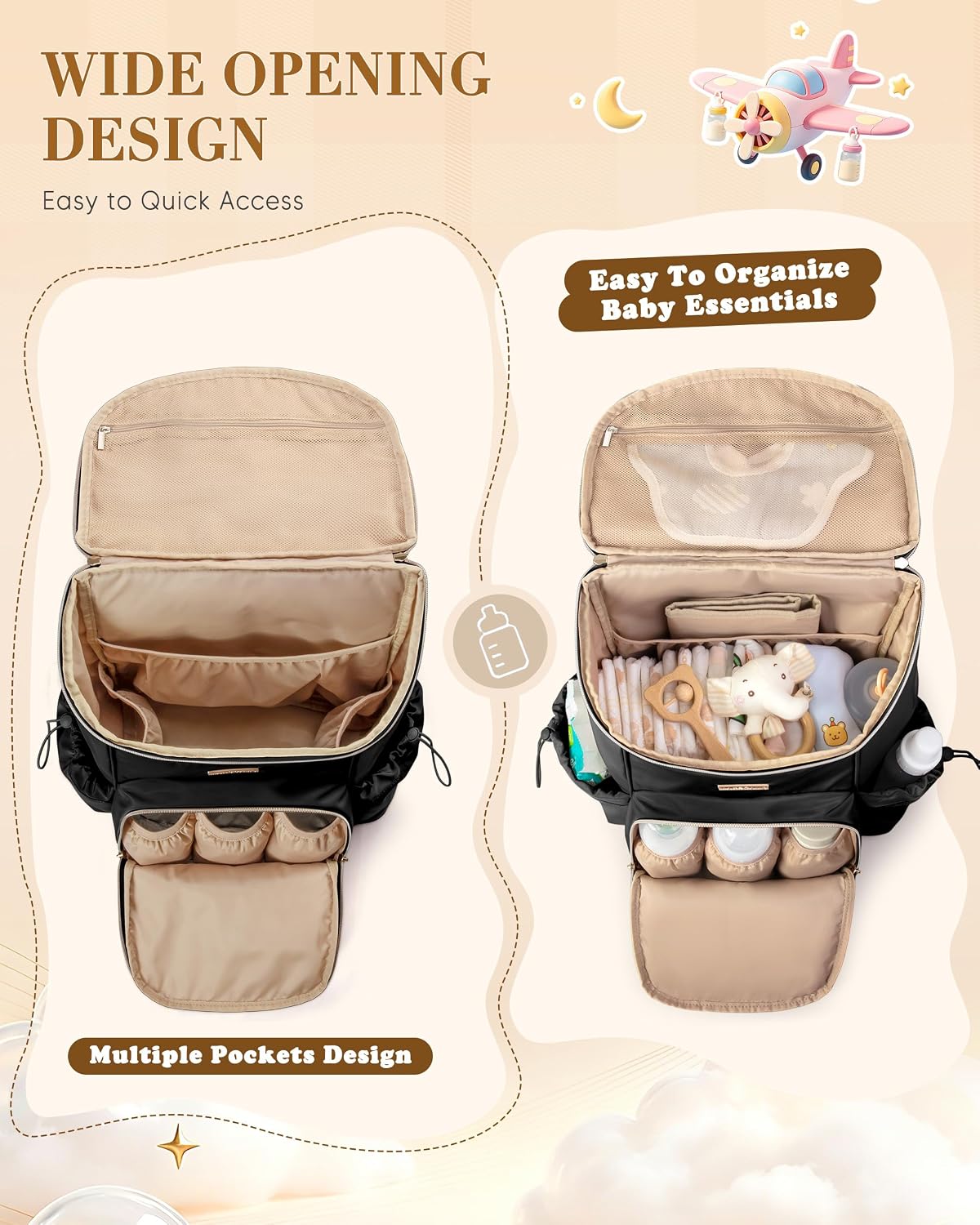 Marscamd Diaper Bag Backpack with Changing Pad, Large Baby Bag, Black | with Stroller Straps, Insulted Bottle Pockets, Luggage sleeve, for Travel & Labor Delivery