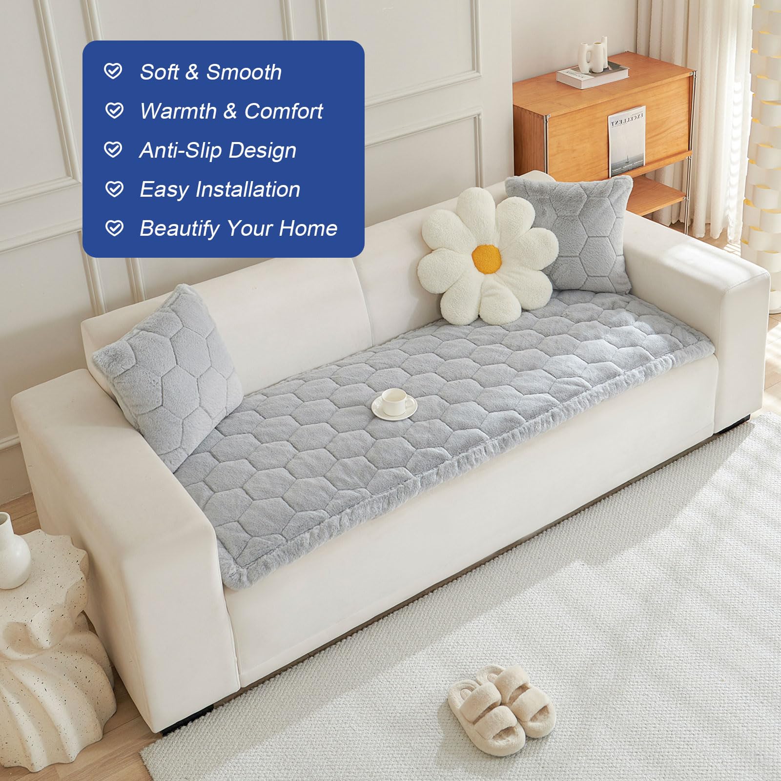 GKXLH Zachte flanellen bankhoezen wasbaar - nieuwe bankkussenhoezen, antislip bankhoes 1-/2-/ 3-zitsbankhoezen voor sectionele bank, bankhoezen, L-vormige meubelbeschermer (Beige Wit, 90 x 90 cm