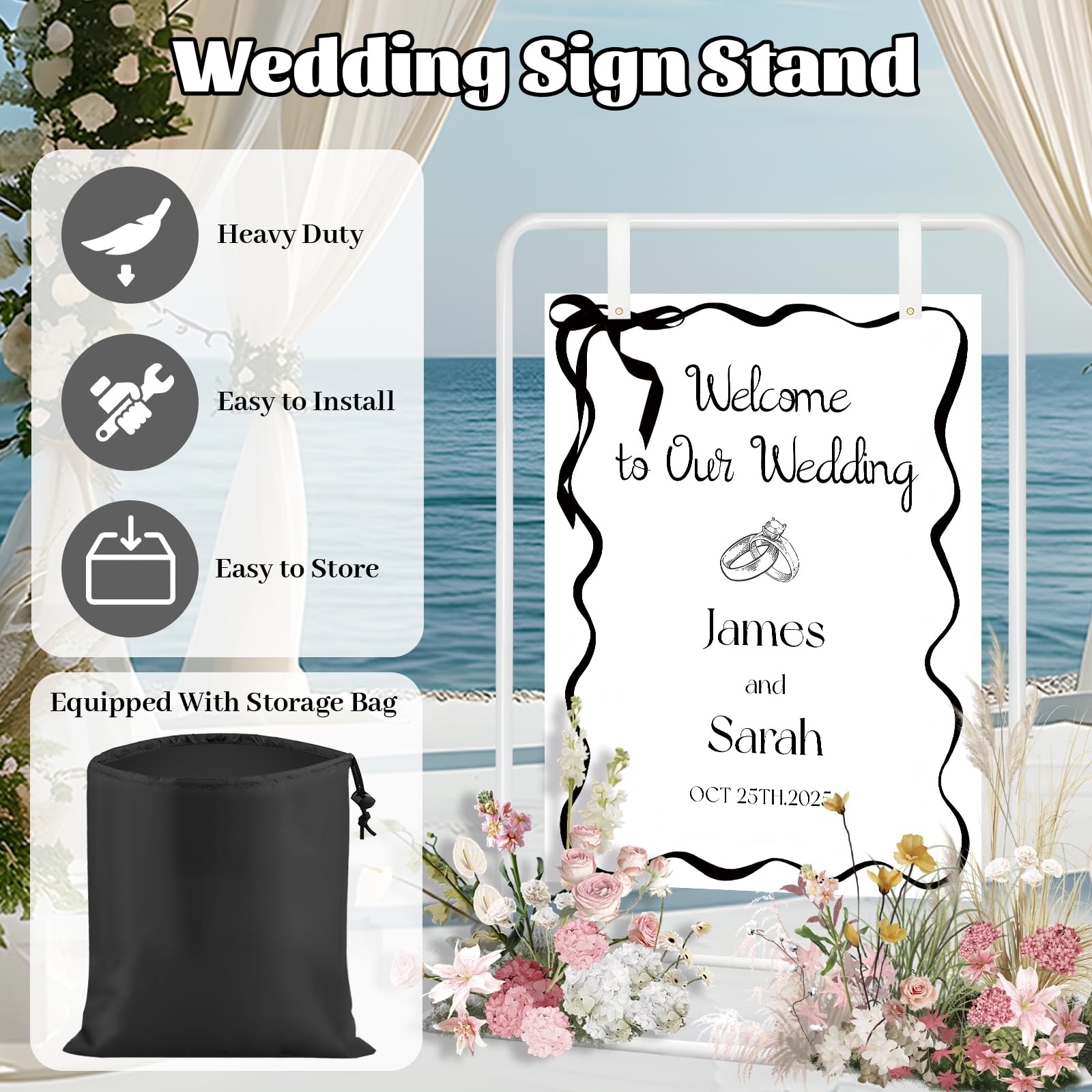 Fayavoo Wedding Welcome Sign Holder Stand - Adjustable Black Easel With Leather & Satin Straps, 4.5FT Or 5.7FT