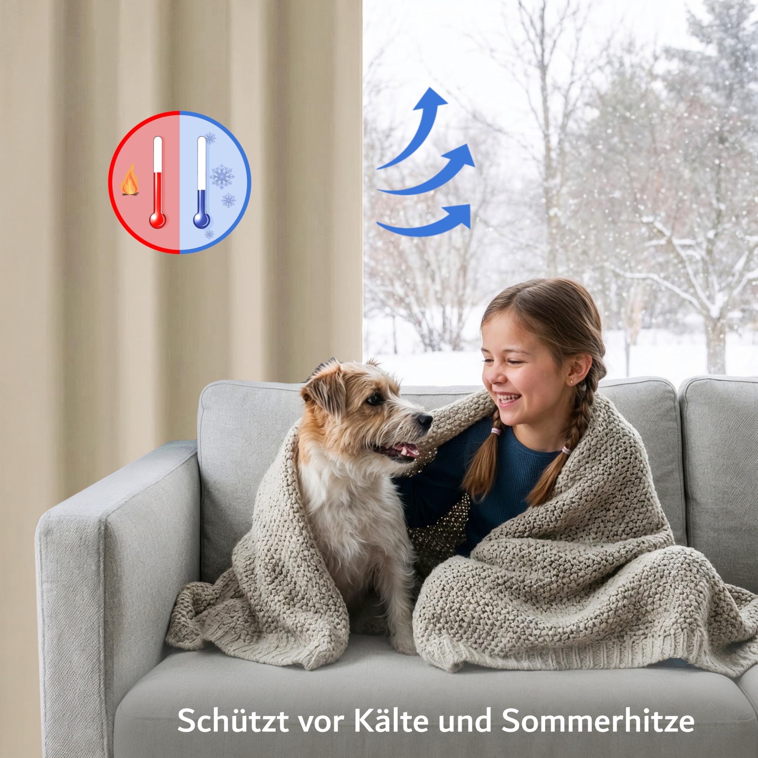 Praktisches Set ohne Bohren: 2x Vorhang + 1x Klemmstange silber 70-120 cm + 2x Raffhalter mit Magnet blickdicht & verdunkelnd, als Raumteiler, Fenster & Tür Beige Thermovorhang 220x135cm