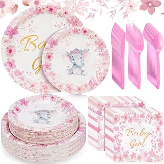 Bokon 300 Pcs Elephant Baby Shower Party Supplies Serve 50 Elephant Baby Shower Decorations for Boy Girl Include Plates Forks Spoons Knives Napkins, Elephant Theme Tableware Set for Birthday (Girl)