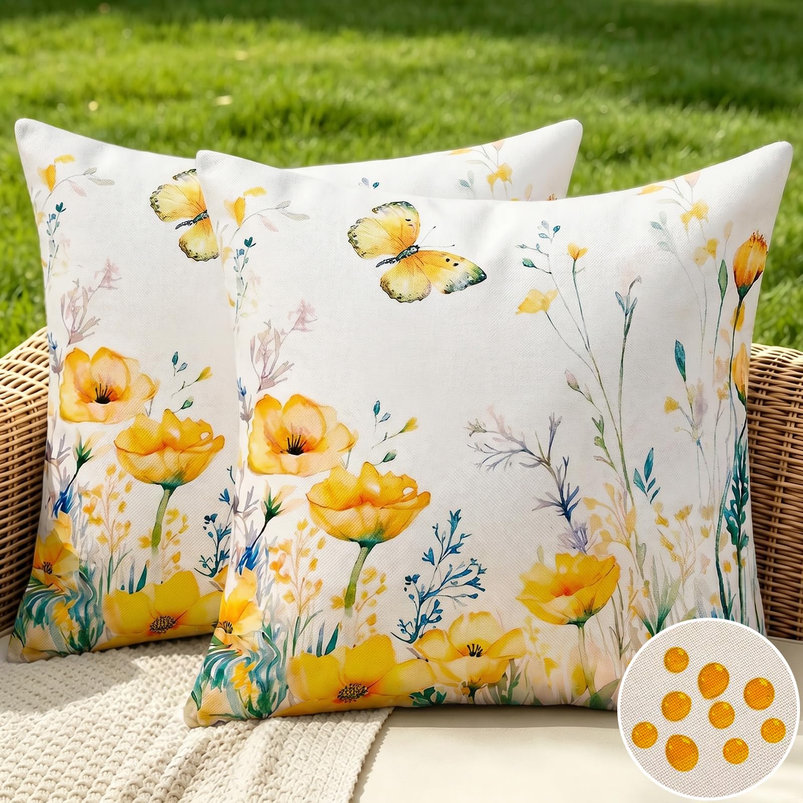 Kissenbezug 45x45 Frühling mit Gelb Schmetter Blumen, Kissenbezüge Outdoor Wasserdicht, Sofakissen Dekokissen Bezug für Wohnzimmer Deko, Kissenbezüge für Home Decoration in Schlafzimmer Garten Balkon Küche, Haushalt & Wohnen