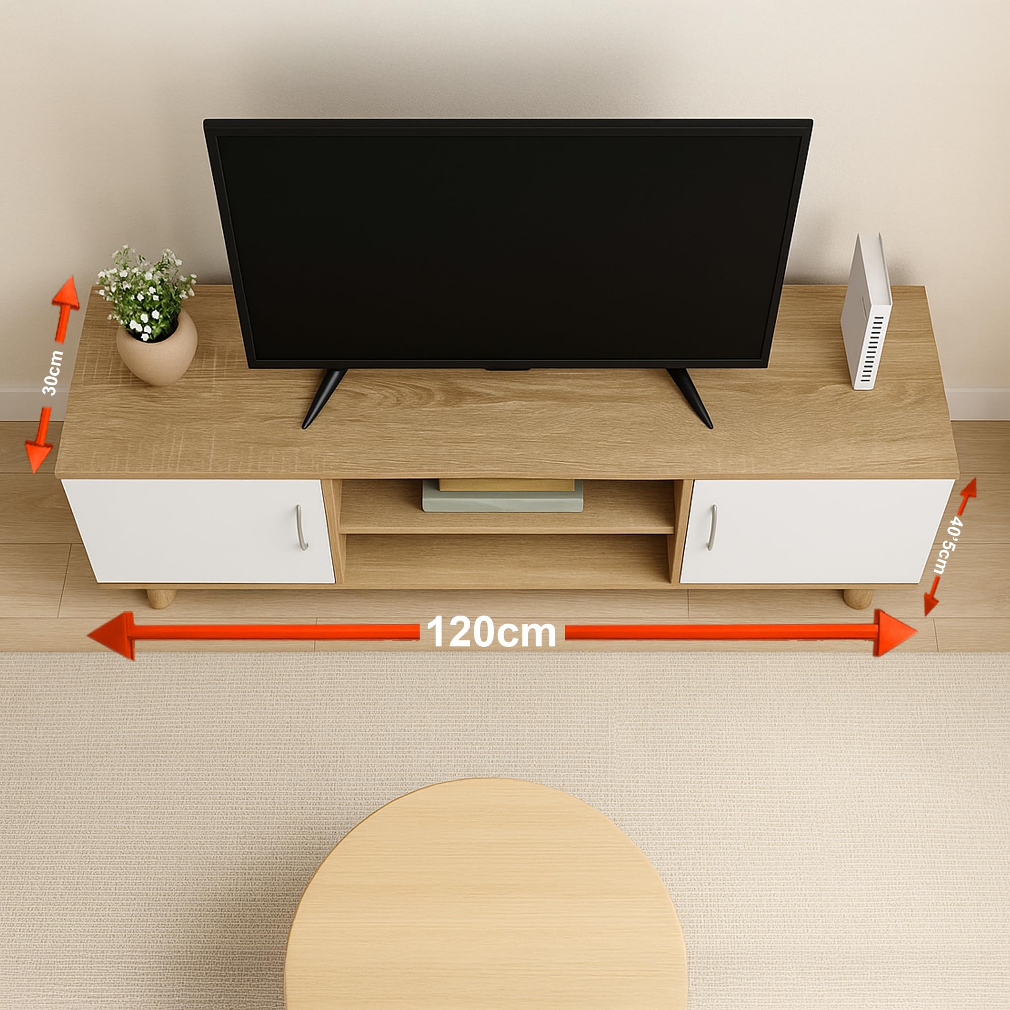 Szafka pod telewizor 120 cm do nowoczesnego salonu, kolor dębowy i biały, stół telewizyjny do 55 cali ze schowkiem, półka i dwoje drzwi, solidna i elegancka biała szafka pod meble, nogi z litego