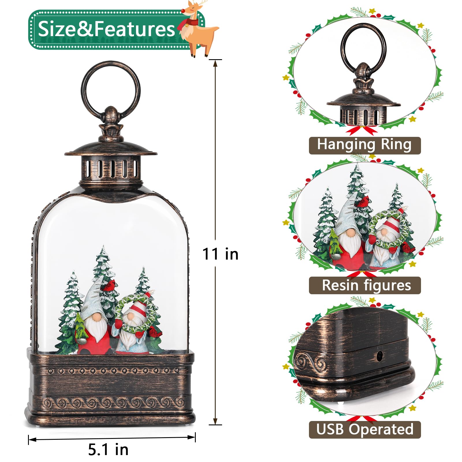 Eyrosa Boule à neige de Noël, boule à neige à paillettes éclairée avec musique, décorations de Noël musicales USB et lanterne à piles, décoration de Noël cadeau