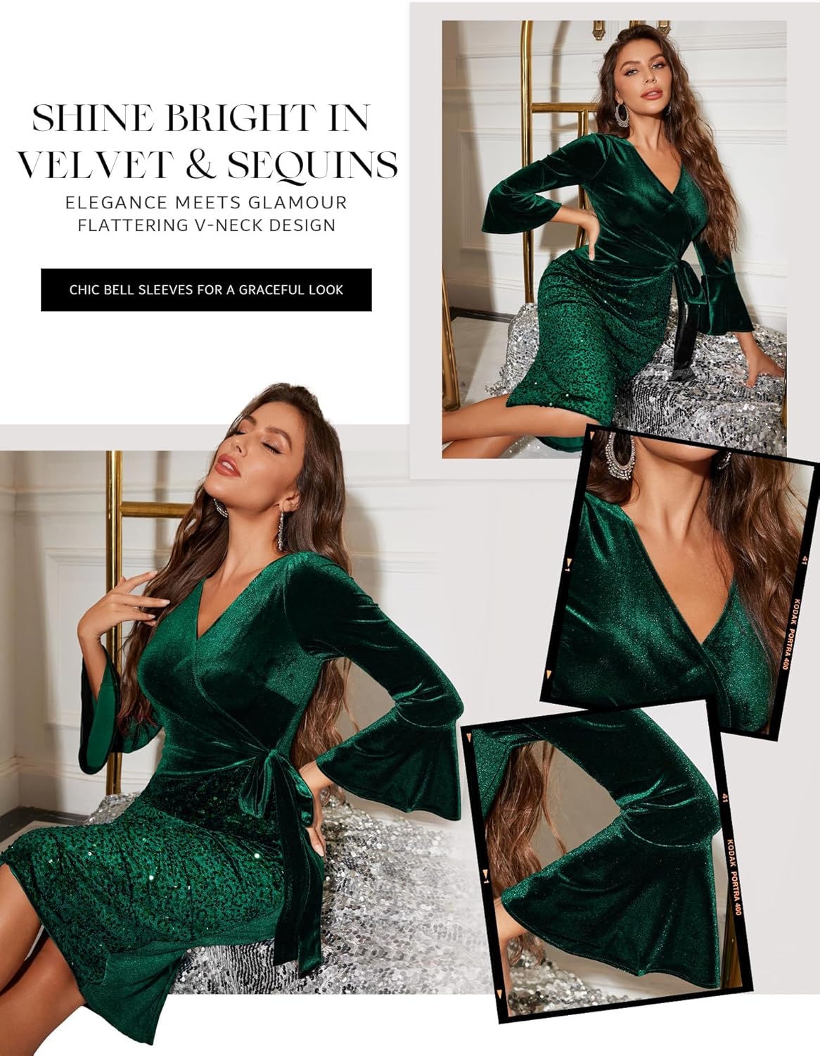 Dressystar Womens Velvet Sequin Dresses Wrap Bell Long Sleeve V Neck Slit Bodycon Formal Cocktail Prom Party Evening Dress - Image 5