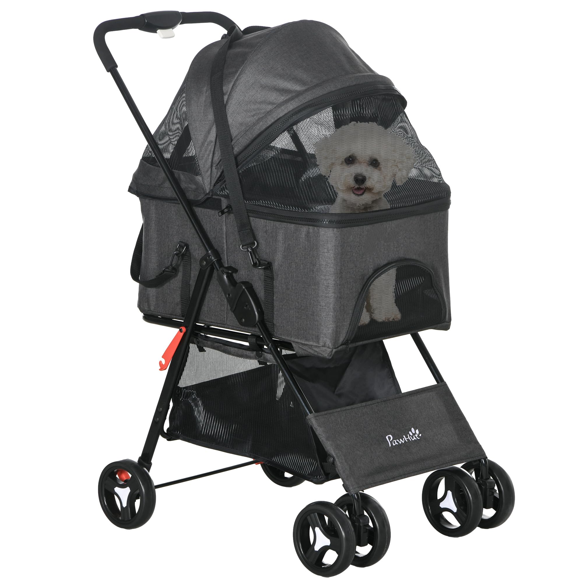 PawHut 3 en 1 cochecito cochecito de perro plegable para mascotas, 4 ruedas, cesta de transporte con asa extraíble, cojín, toldo ajustable, tela Oxford, gris