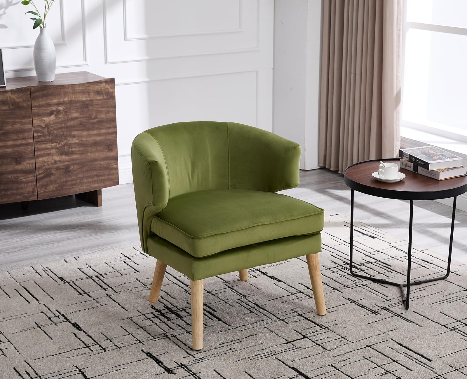 Sedia da lettura con gambe in legno in velluto, poltrona relax con doppio cuscino, per soggiorno, camera da letto, angolo lettura, verde