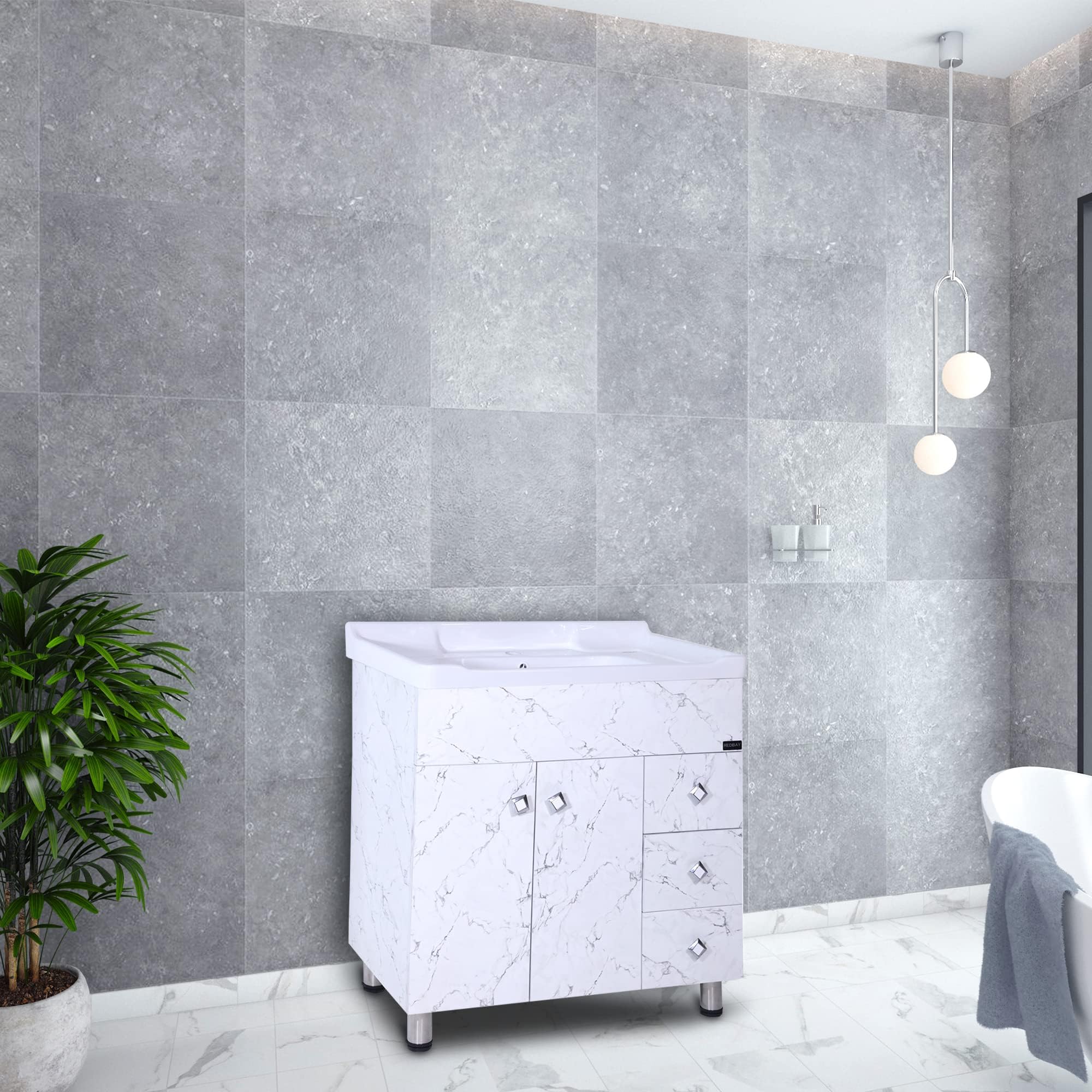 REDBAY Satvario 32 Inch Bathroom Vanity in Snow White - Freestanding Cabinet with Ceramic Washbasin, Integrated Sink, Engineered Wood