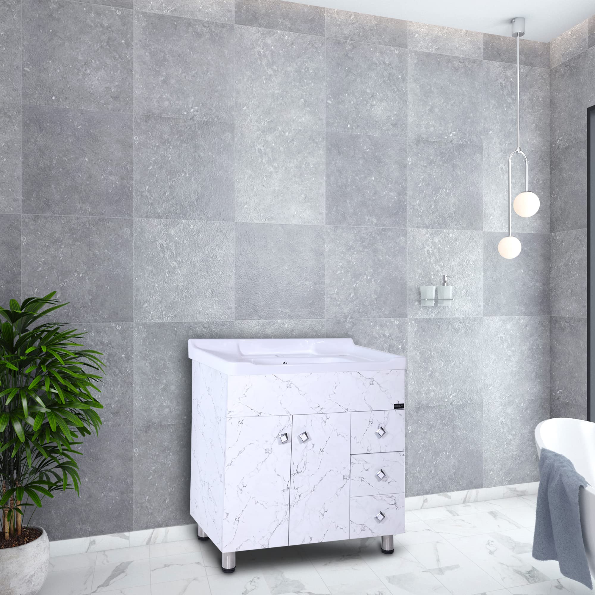 REDBAY Satvario 32 Inch Bathroom Vanity in Snow White - Freestanding Cabinet with Ceramic Washbasin, Integrated Sink, Engineered Wood