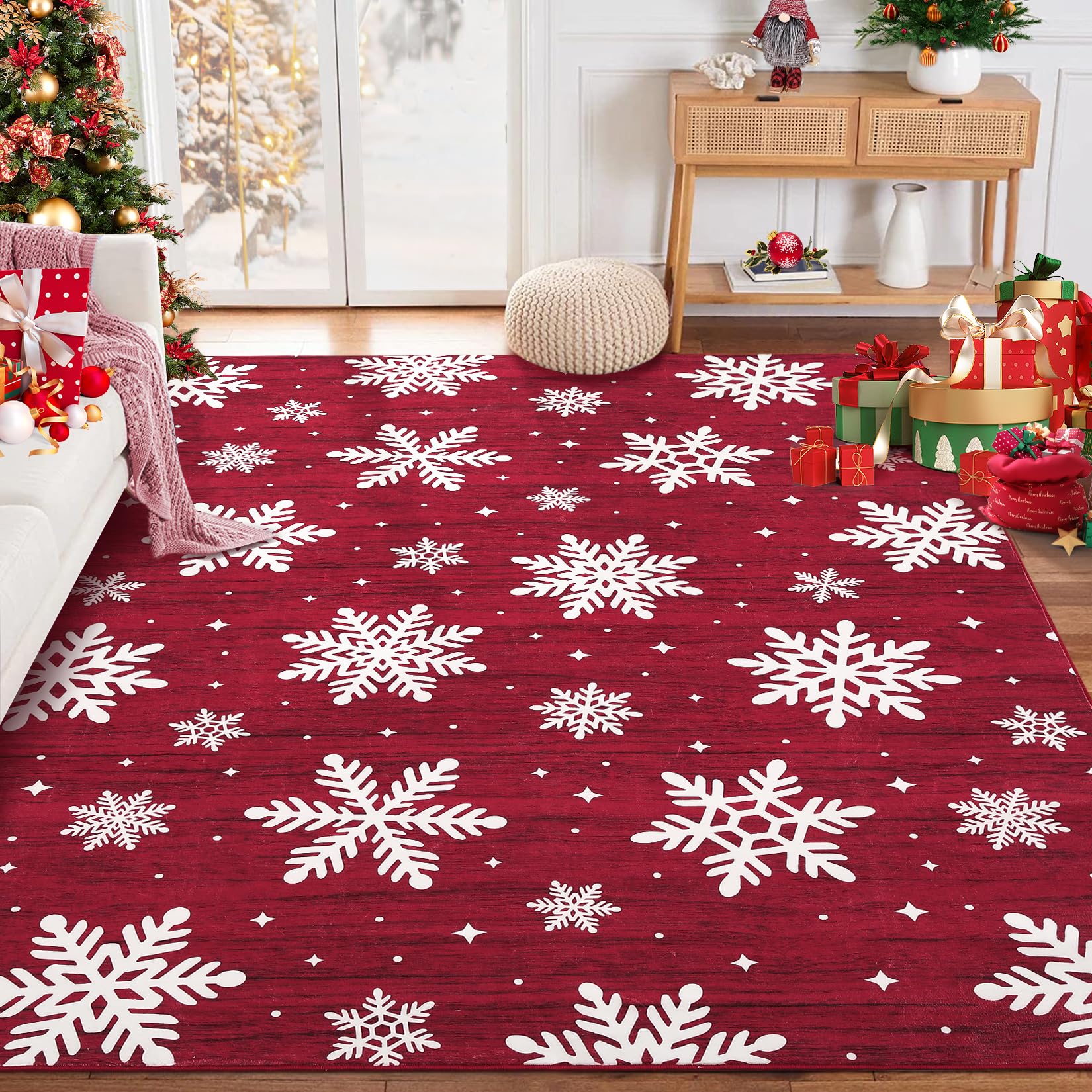 Garvee Tappeto Lavabile Natalizio per Soggiorno, Antiscivolo con Motivo Fiocco di Neve, Decorativo Pieghevole per Cucina e Camera da Letto