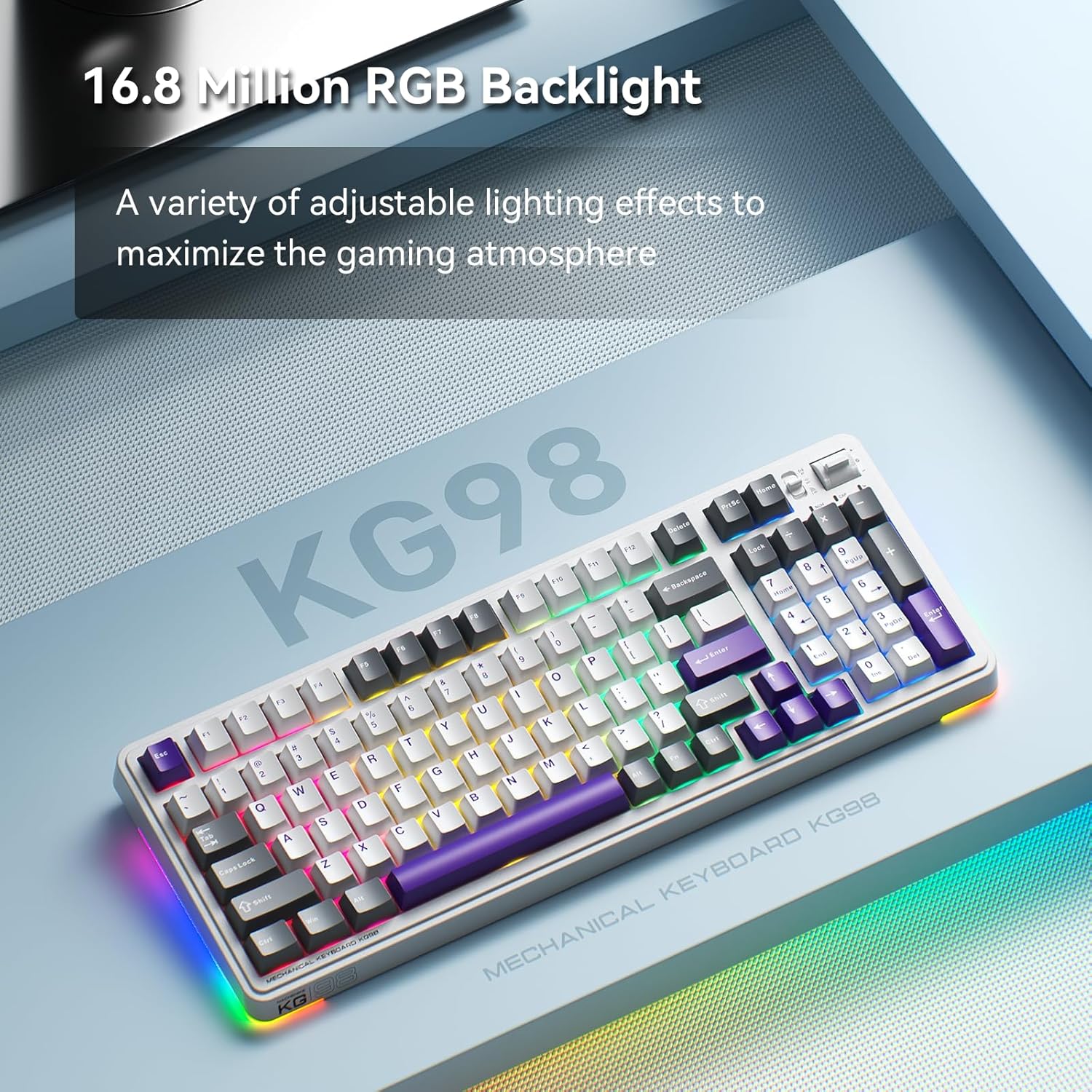 Machenike KG98 keyboard showcasing vibrant RGB backlighting.