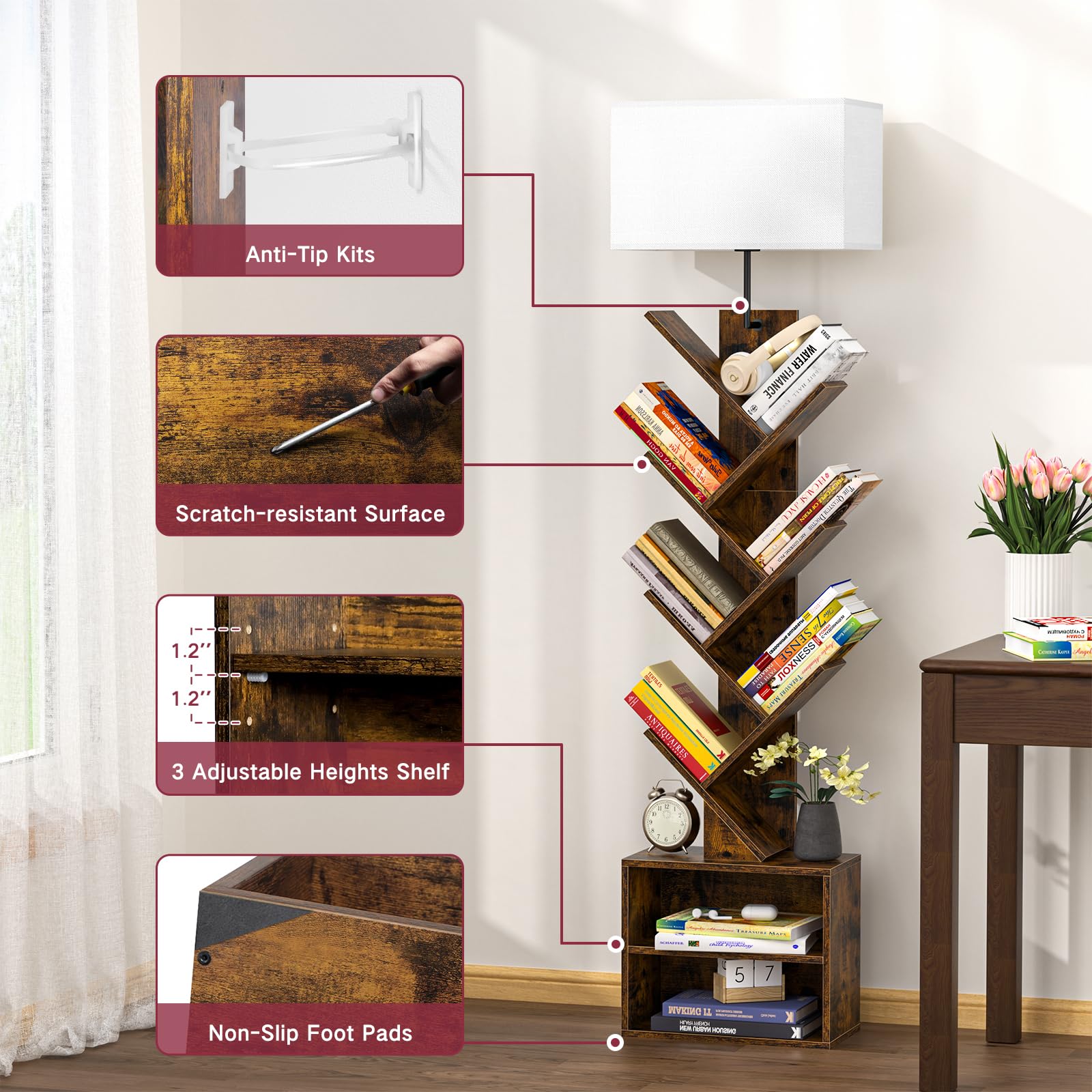 Libreria a Forma di Albero in Legno con Luce, Scaffale Autoportante a 9 Ripiani ad Angolo con Mobiletto – Libreria Salvaspazio per Libri, CD, per Soggiorno, Studio, Ufficio(Rustic Brown)