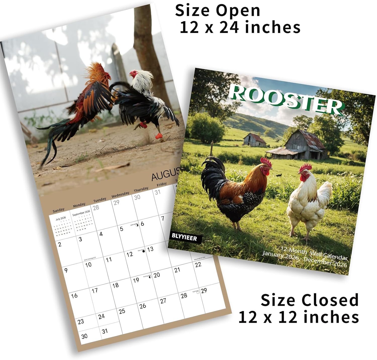 2026 Wall Calendar,Calendar 2026,Rooster Monthly Wall Calendar, 12" x 24" Open,Family Planner Calendar, Home & Office Organizer,Hangable thumbnail