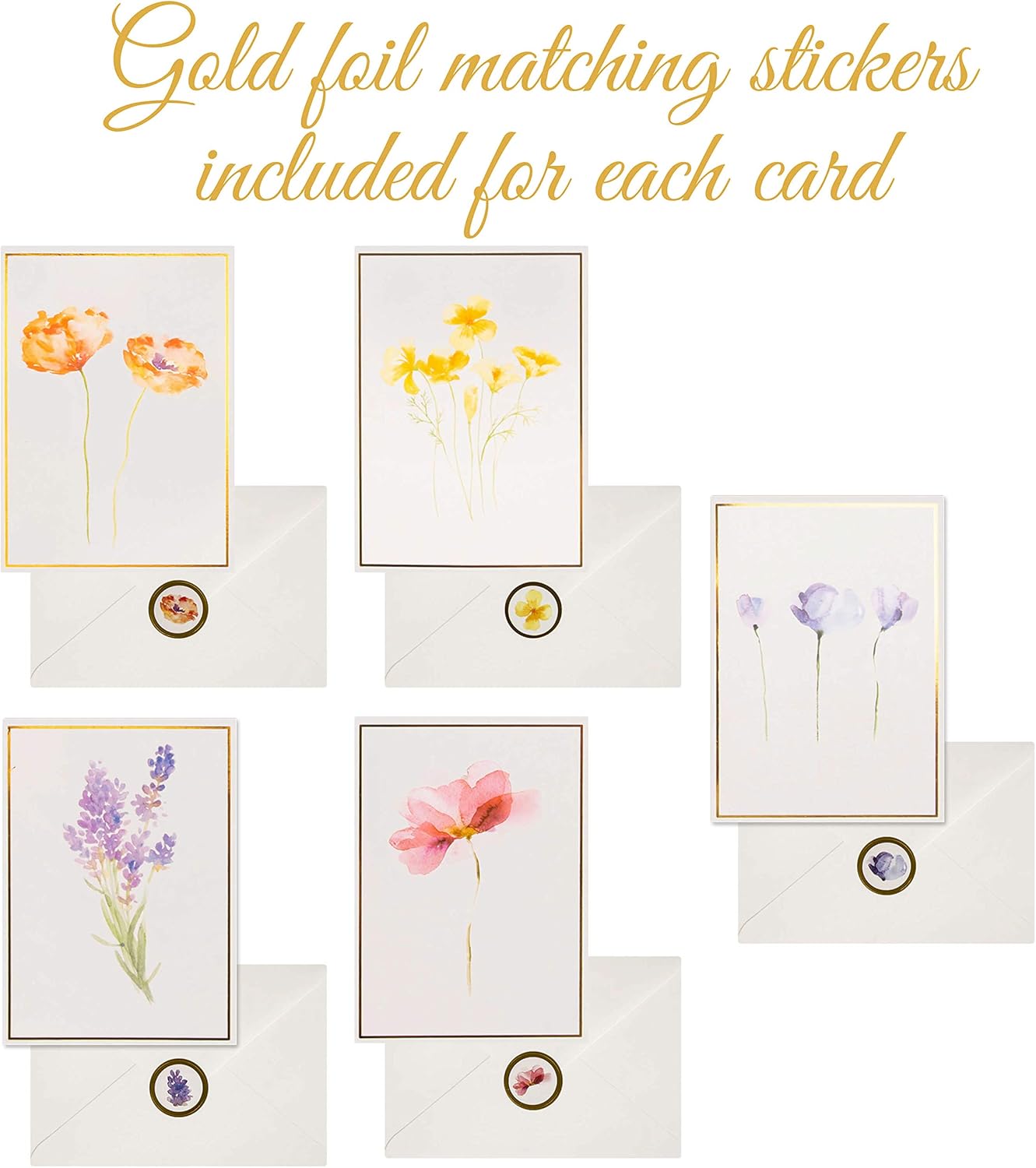 40 Plain Floral Cards, 4 x 6 in Assorted Artistic Watercolor & Gold Foil All Occasion Greeting Cards, Bulk Boxed Set of Blank Flower Stationary Notecards w/ Envelopes & Stickers : Office Products