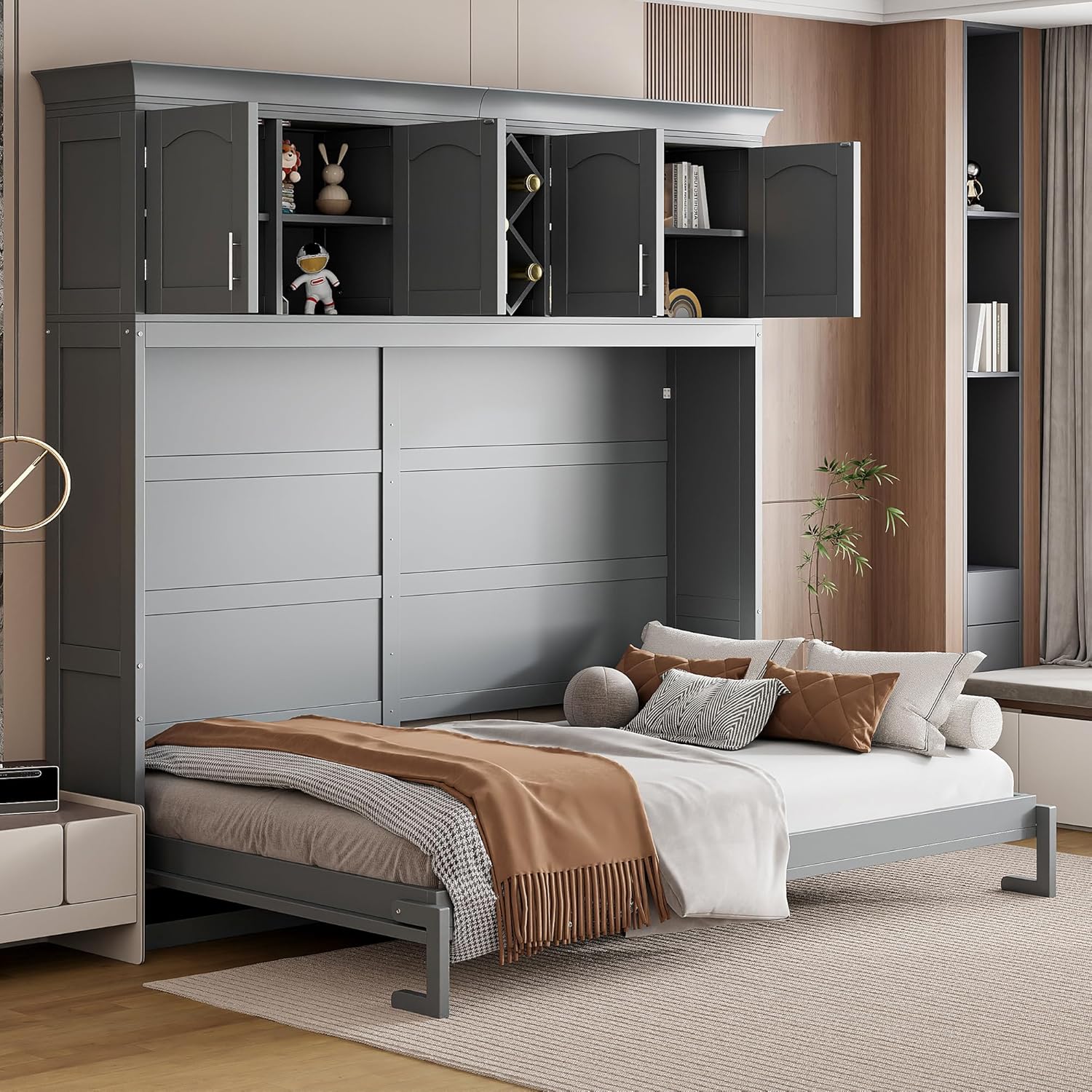 Harper & Bright Designs Queen Size Murphy Bed, Wooden Queen Wall Bed Frame with Top Cabinets & Wine Rack, Gray