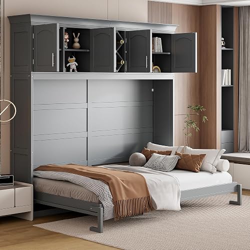 Merax Queen Size Murphy Bed, Foldable Wall Bed with Storage Cabinet, Dual Piston Metal Mechanism & Wooden Slats, No Box Spring Needed, Space-Saving for Small Apartment, Studio, Guest Room, Gray