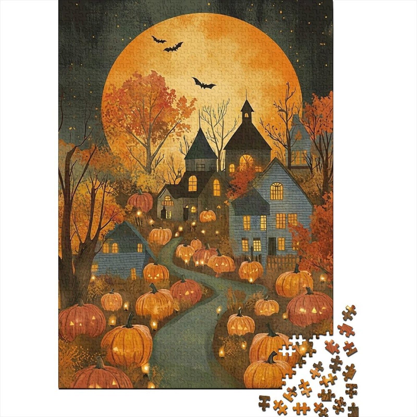 Pumpkin Village Night Scene 1000 Piece Jigsaw Puzzle Paper for Adults Autumn Night View Jigsaw Puzzle for Family Home Décor Stress Relief Gift 70x50cm/1000pcs