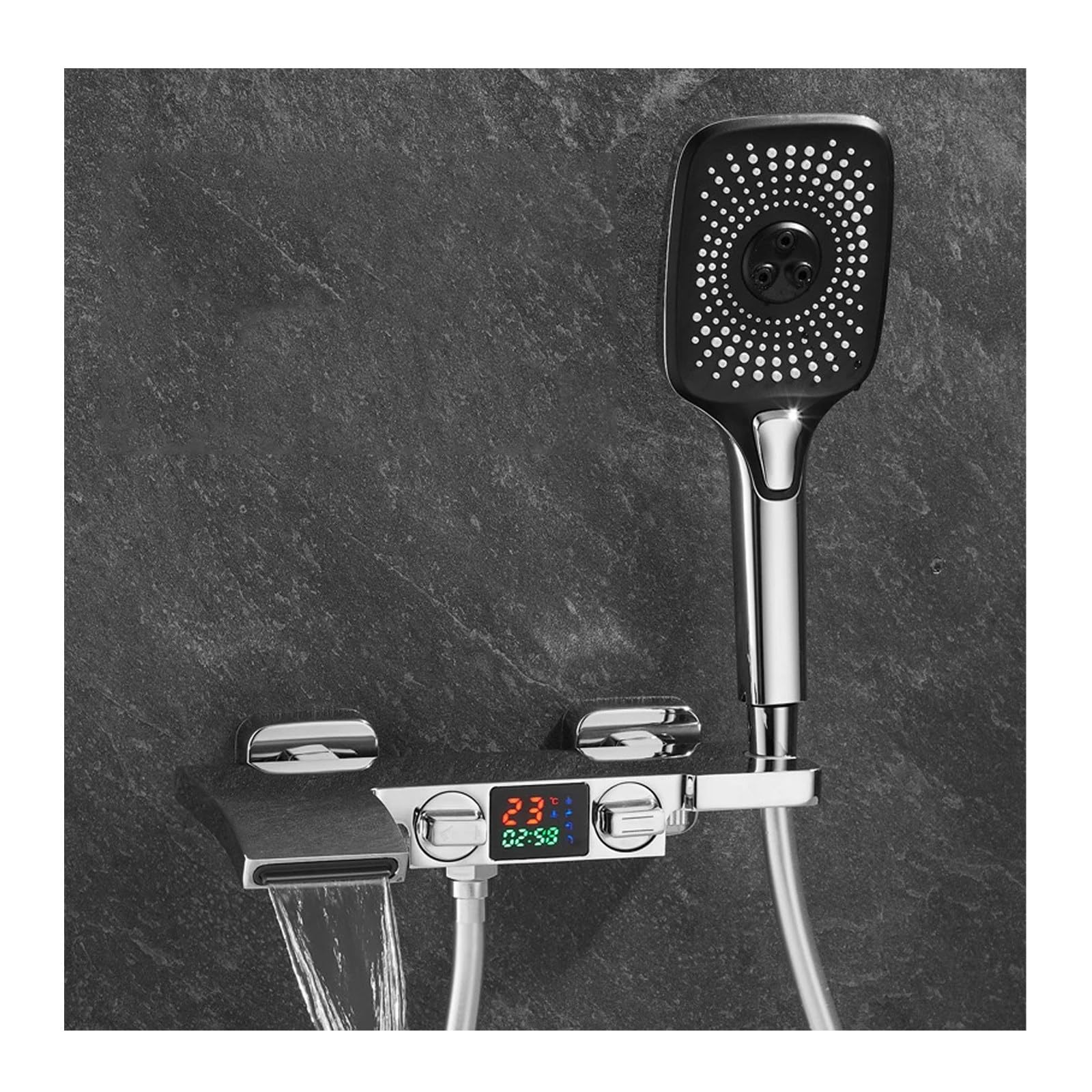 SWENEEN Led Waterfall Wall Mounted Bathtub Faucet With Handheld Spray Single Handle Brass Tub Mixer Tap With Temperature Display,Chrome