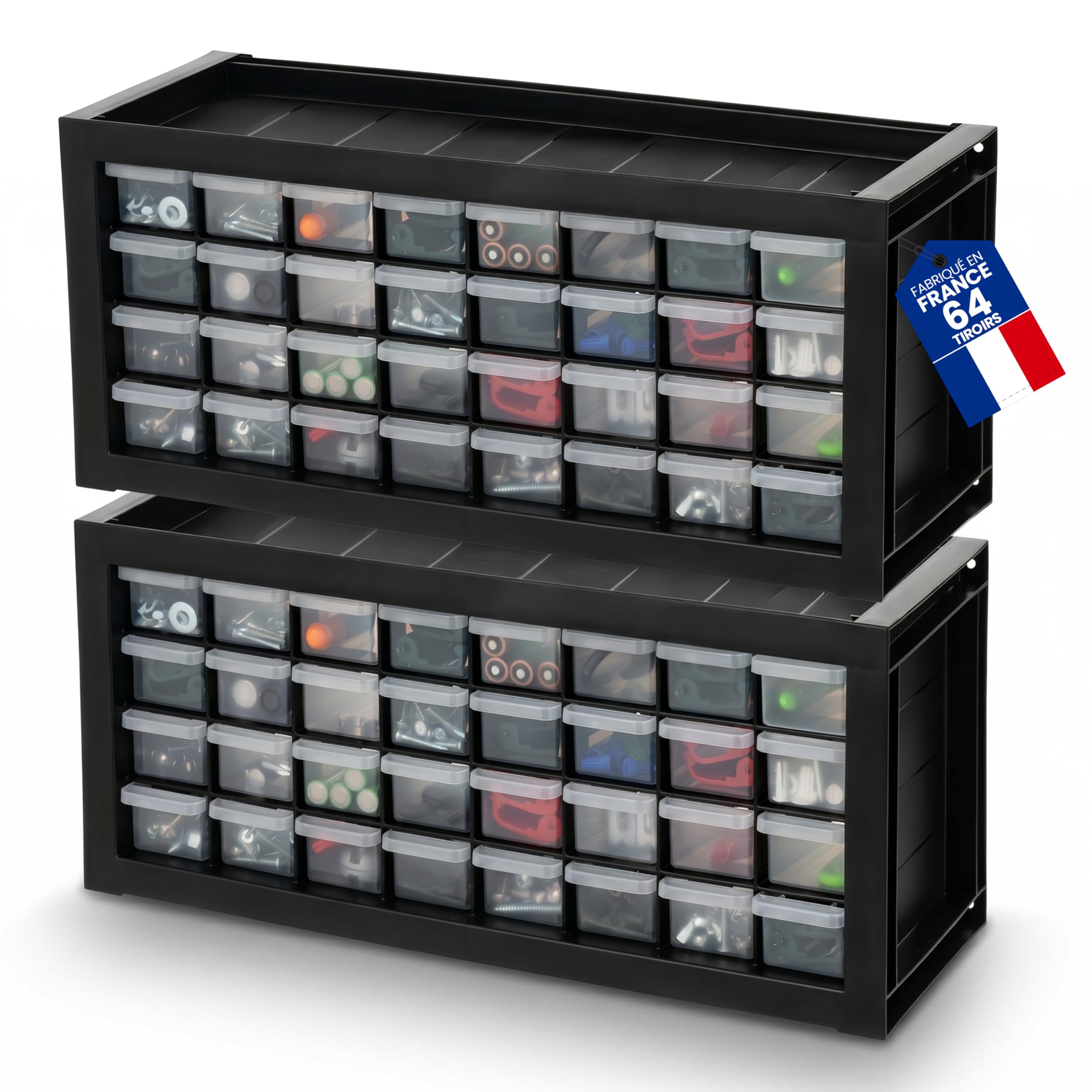 Iris Ohyama, Set de 2 Casiers de Rangement Vis, 32 Tiroirs, Empilable, Fixation Murale, Butée de Tiroir, Polyvalent, Quincaillerie, Bricolage, sans BPA, Compartiments, DPC-32