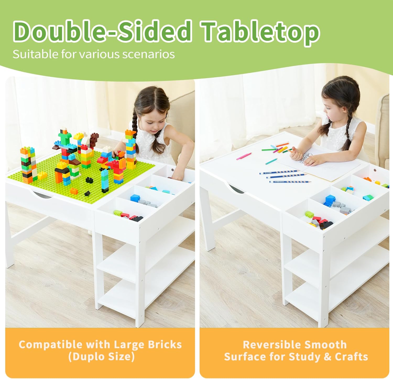 MallBest 4-in-1 Kids Activity Table Compatible with Lego Large Bricks - Solid Wood Building Block Table with Storage, Integrated 2-Tier Bookshelf & 4 Compartments